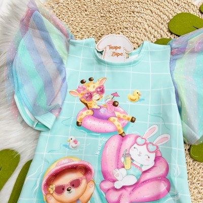 Vestido Bichinhos na Piscina candy collors com Manga Tule Colorida - Verde Água